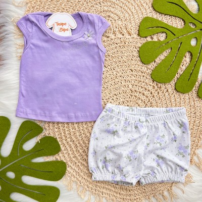 Conj. Blusa Cute com Strass e Short com Flores - Lilás